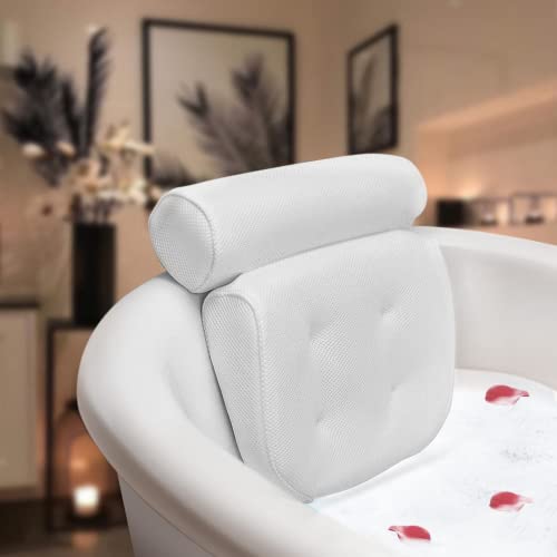 Essort Bathtub Pillow, Large Spa 3D Air Mesh Bath Pillow, Luxury Comfortable Soft Bath Cushion Headrest, for Head Neck Shoulder Support Backrest, Fits Any Size of Tubs（White）