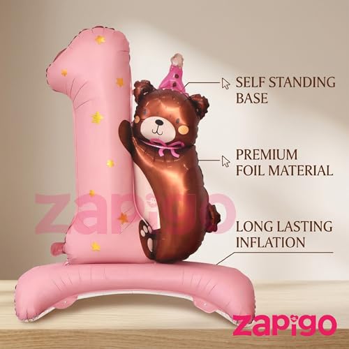 Image of Balloonistics Number 1 Self-Standing Pink Foil Balloon with Teddy Bear | 1st Birthday Baby Girl Decoration | First Birthday Pink Balloon | No Helium Needed