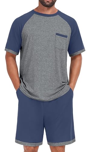 Mens Pajamas Set Lightweight Nightwear Summer Pjs Sleepwear Soft Short Sleeve Loungewear Printing With Pocket