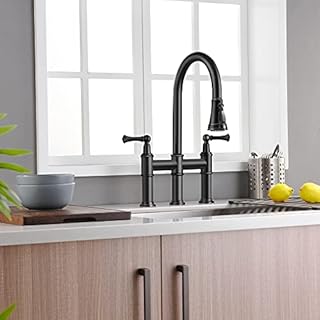 Heritage Bridge Kitchen Faucet with Pull-Down Sprayhead 3 Hole Matte Black Kitchen Sink Faucet Fingerprint Resistant Spot Free (Matte Black)