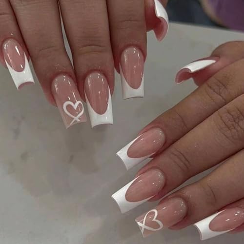 White French Tip Press on Nails Coffin Fake Nails Medium Nails with Heart Design Glue on Nails Glossy Full Cover Stick on Nails Cute Acrylic Nails Press ons for Women Manicure Kit 24Pcs
