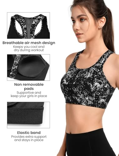 Image of Yvette Zip Front Sports Bra - High Impact Sports Bras for Women Plus Size Workout Fitness Running,Black Flower,L Plus