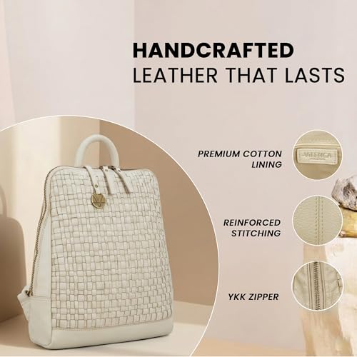 Image of 12.5 Inch Genuine Leather Backpack for Women and Men, Brown Leather Backpack with Adjustable Shoulder Strap (Beige)