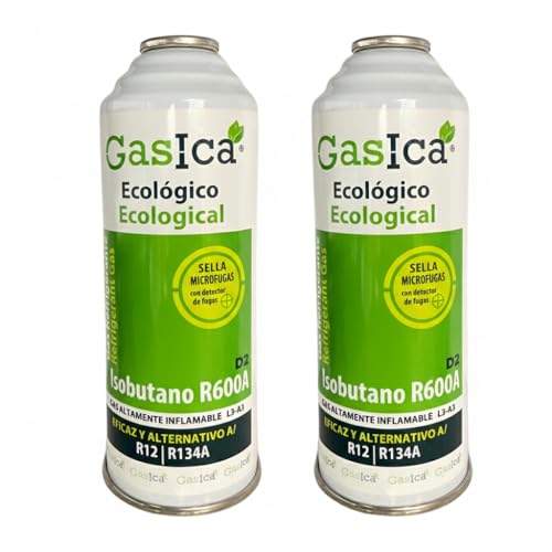 All4sale   2 envases GasIca Ecológico, Kit de 2 Botellas Refrigerantes con Detector de Fugas, Compatible con R12/R134A, 226g cada envase.