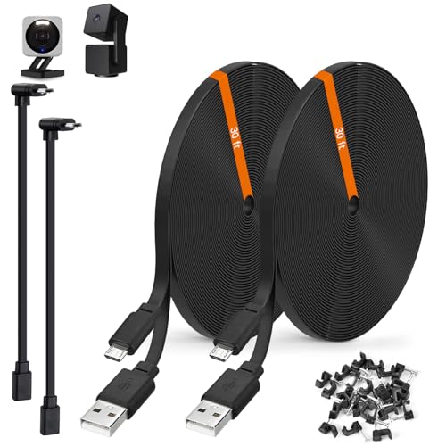 2-Pack 30ft Power Extension Cable Compatible with Wyze Cam v4 Wyze Cam Pan v3 Wyze OG Wyze Cam v3 and v3 Pro Security Cameras - 9m Long Flat USB to Micro USB Charging Cord with L-Shaped Adapter Black