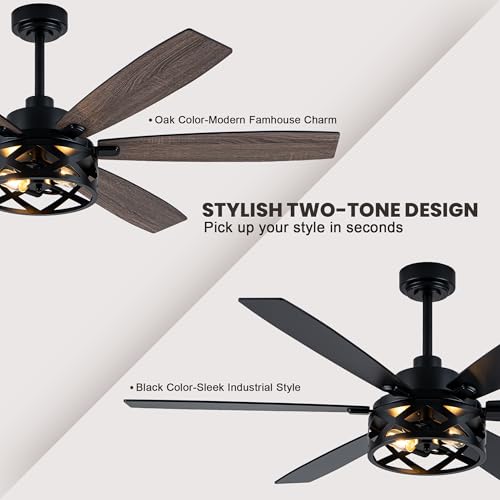 Image of Dawn Whisper 60 Inch Farmhouse Ceiling Fans with Lights and Remote Large Black Caged Rustic Chandelier Ceiling Fan for Bedroom Living Room Quiet and Reversible DC Motor 6 Speeds