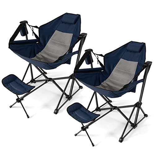 Image of Tangkula Set of 2 Hammock Camping Chair, Portable Camp Chair with Retractable Footrest, Adjustable Back, Headrest, Cup Holder & Carry Bag, Outdoor Folding Lawn Chair for Camping, Fishing, Hiking