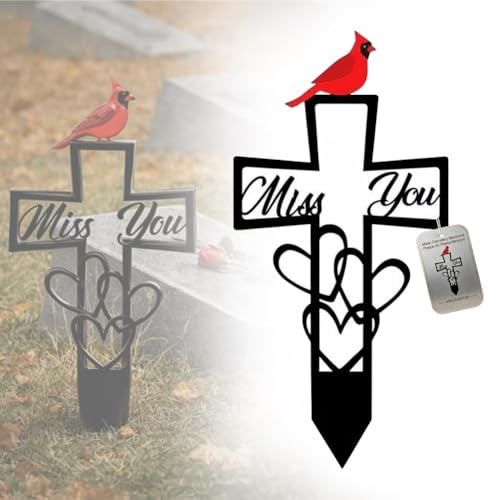 Placa conmemorativa de cementerio de metal para recuerdo, marcadores de tumba conmemorativos cardinales de 6 x 12 pulgadas con cruz guión 'Miss You' y acento de corazón estaca de tierra al aire libre