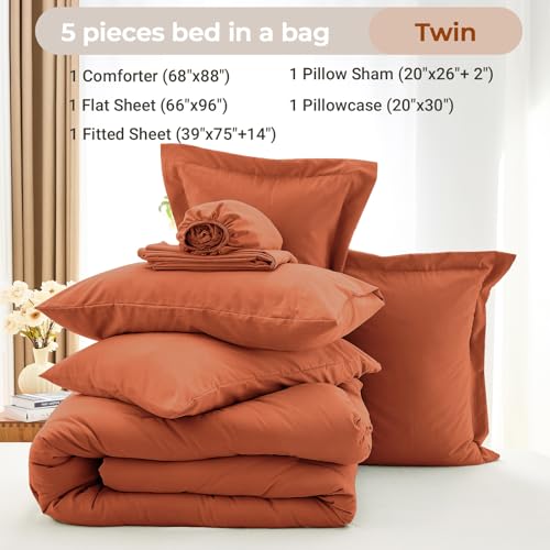 MUXHOMO 5 Pieces Twin Comforter Set, Soft Bed in a Bag Twin Size, All Season Bedding Set with Comforter, Flat Sheet, Fitted Sheet, Pillowcases & Shams, Burnt Orange