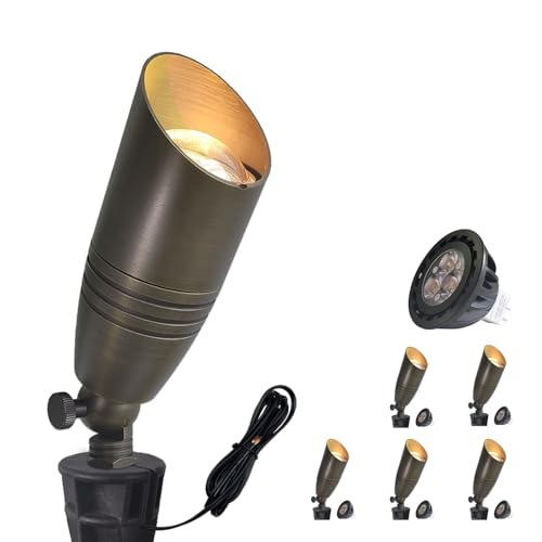 COLOER Brass Landscape Spotlights, 6 Pack Landscape Light Fixture with 5W Aluminum Housing MR16 LED Bulb 2700K 450LM,12V AC/DC Low Voltage Outdoor Spot Lighting,Uplight for Garden and Patio(