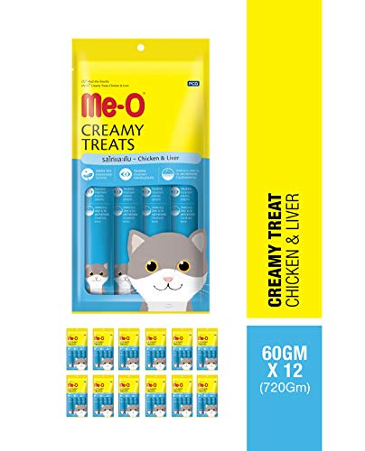 Me-O Creamy Cat Treats - Chicken & Liver Flavor 60 G Pack of 12 (720G), for All Life Stages