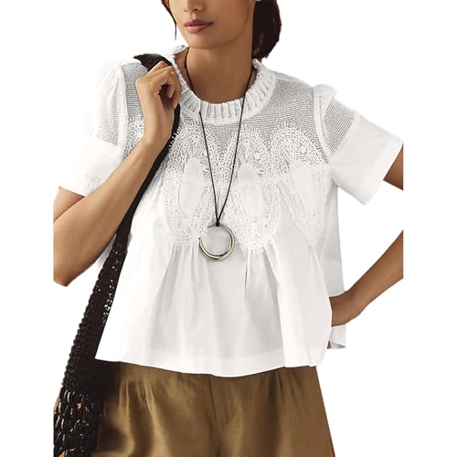 Women's Babydoll Tops Short Sleeve Lace Detail Blouses Flared Pleated