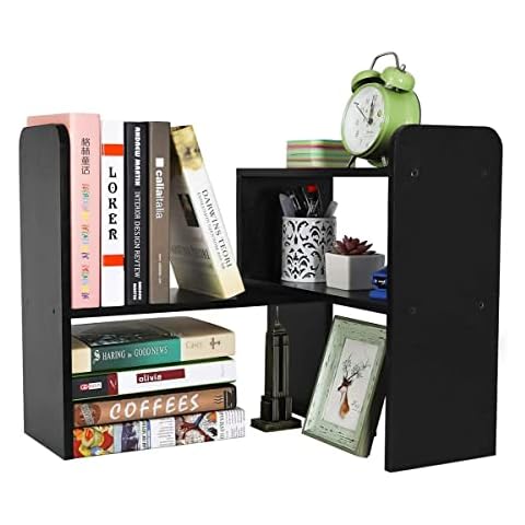 EasyPAG Wood Desk Shelves Adjustable Desktop Bookshelf Freestanding Small Bookcase Office Supplies Storage Display Shelf Desk Tidy Organiser,Black Cover