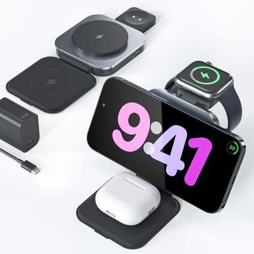 KEEPRO Qi Fast 3 in 1 Wireless Charger for iPhone, 21W Magnetic Portable Travel Charging Station Pad for Apple Devices iPhone 15/14/13/12 Series, AirPods Pro/3/2 & Apple Watch (Adapter Included)-Black