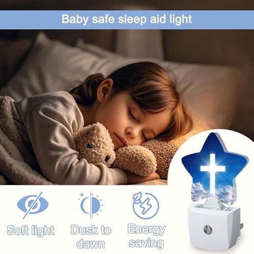 Image of Cross Heaven Night Light,White Cross Sunset Plug-in Star Night Lights with Dusk-to-Dawn Sensor for Bedroom,Bathroom,Living Room Sleep Friendly Lamp for Women Girls Boys Gift,0.5W