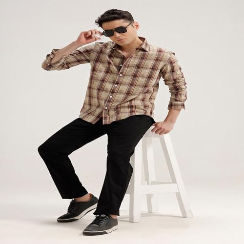 Image of BASICS 100% Cotton Checked Shirt for Men | Slim Fit | Everyday Smart Casual Wear | Full Sleeve