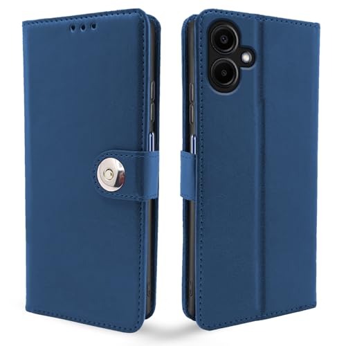 Image of Pikkme Flip Cover Leather Finish | Inside TPU with Card Pockets | Wallet Stand and Shock Proof | Complete Protection Button Flip Case for Samsung Galaxy A06 (Blue)