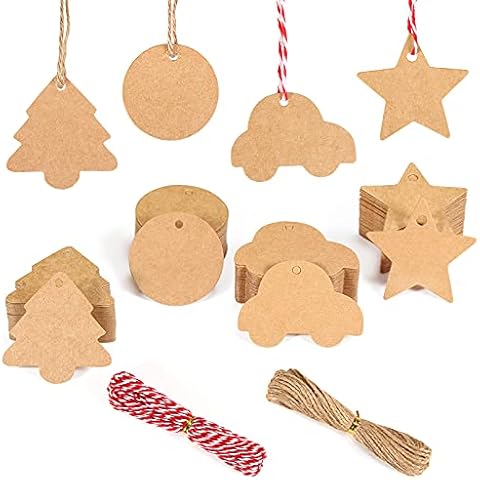 Makone Kraft Paper Tags with String, 200Pcs 4 Styles DIY Gift Kraft Paper Tag, Wedding Christmas Thanksgiving and Holiday for Crafts Tags Cover
