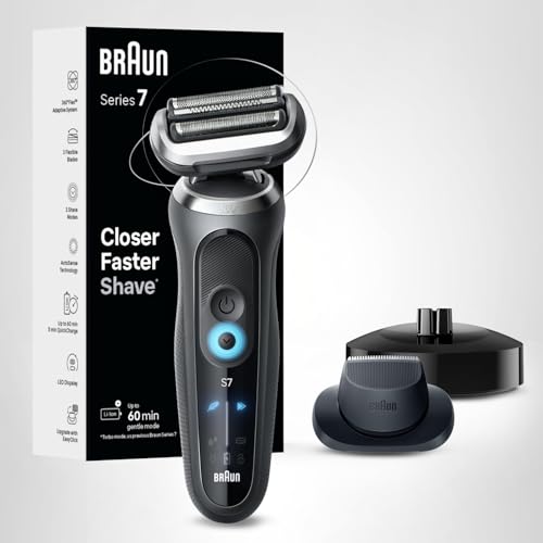 Braun Electric Shaver for Men, Series 7 7127cs, Wet & Dry Shave, Turbo & Gentle Shaving Modes, Waterproof Foil Shaver, Engineered in Germany, with Beard Trimmer, Charging Stand, Space Grey