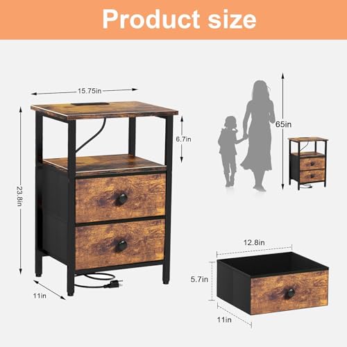 Image of Nightstand with Charging Station, Bedside End Table with 2 Fabric Drawers for Bedroom, Side Table with USB Ports and Outlets, Rustic Brown