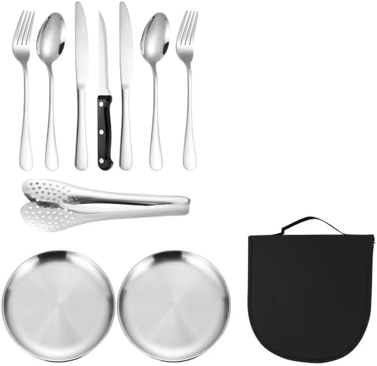 Silverware Flatware Set, Stainless Steel Portable Outdoor Meal Bag Lunch Tray Travel Camping Cutlery Knife Fork Spoon Set(Gold)