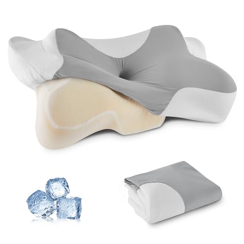 DONAMA Housse d'oreiller Cervical, Taie en Mousse à Mémoire de Forme Ergonomique pour Soutien du Cou, Dormir sur Le Côté et Le Dos, 66x37x13 cm, Gris Blanc