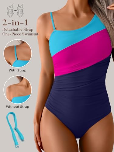 Image of Aidonger One Shoulder One Piece Swimsuit for Women Tummy Control Bathing Suits Color Block Ruched Swim Suit Slimming Swimwear