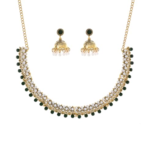 BOINDOON Jhumka-Indian-Jewelry-Sets-for-Women-Kundan-Necklace-Choker Chain Earrings Gold Rhinestones Chain Earrings Oxidized Indian Jewelry Set