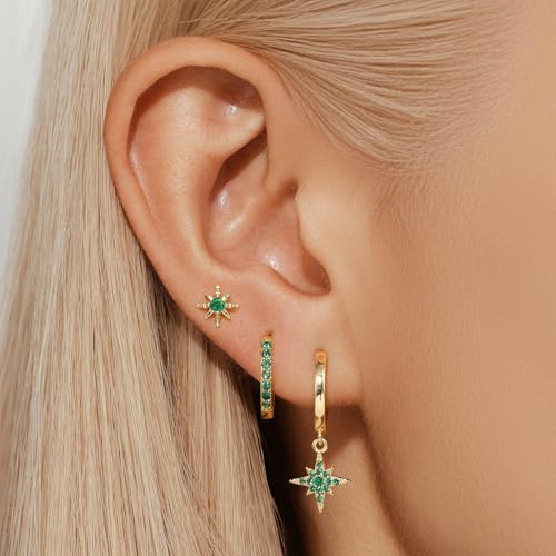 Angelady 14K Gold Plated Earring Sets for Women, Dainty Star Stud Earrings for Multiple Piercing, Trendy Hypoallergenic Huggie Hoop Earrings, Cartilage Dangle Earring Stacks Jewelry Gifts3