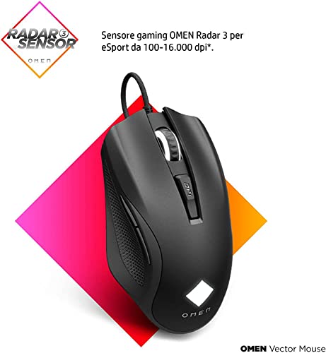 OMEN Vector Mouse, 6 Tasti Programmabili, DPI 100 a 16.000, Sensore Precisione OMEN Radar 3, LED Personalizzabili, Rotella Scorrimento, Cavo USB Cablato, Regolazione Peso fino 25 g, Nero - Mouse gaming - Immagine 2