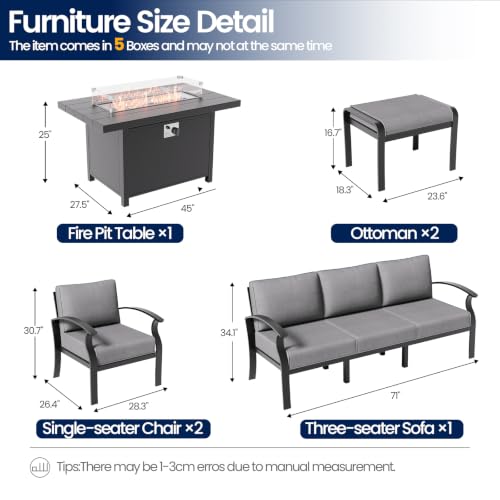 Image of Aluminum Patio Furniture Set with Fire Pit Table, 7 Seats Outdoor Patio Conversation Sets with Ottomans, Modern Metal Patio Sectional Sofa with Upgrade Cushions for Patio, Backyard, Deck - Grey
