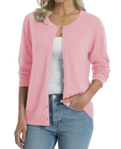 Image of QUALFORT Women's 100% Cotton Lightweight Cardigans Long Sleeve Knitted Button Down Sweater