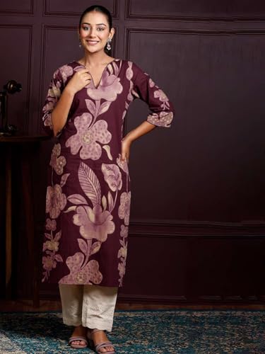 Image of Rimeline Women's Cotton Floral Printed Kurta with Notch Neck Detail | Straight Fit Ethnic Wear for Office, Casual & Everyday Styling