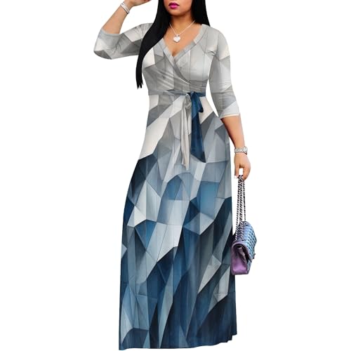 Image of PinkPatty Women's Plus Size Maxi Dresses Casual Flowy 3 /4 Sleeves Dress Printed Vacation Dress for Daily Wear with Belt