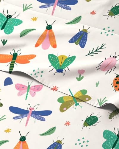 Image of Kids Queen Size Bug Bed Sheets - 4 Piece Kids Bug Sheet Set - Garden Insect Bedding - Ultra-Soft, Cute & Cozy - Breathable & Machine Washable - Butterfly Fun Bed Set for Boys, Girls, Teens & Toddlers