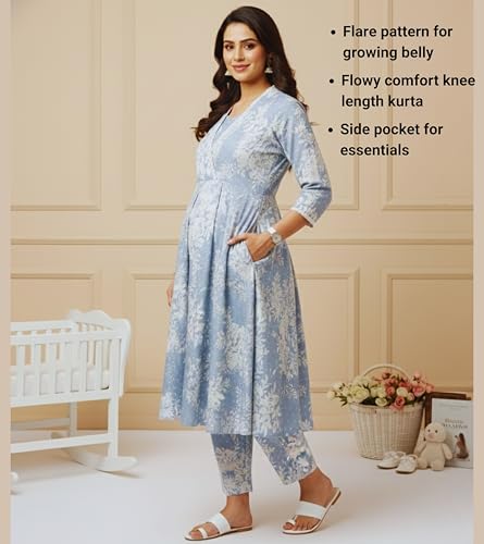 Image of DUMMY SHAPE Maternity Dresses for Women Cotton | Floral Kurta Pant Dupatta Set with Nursing Zippers, Side Pocket | Pre & Post Pregnancy | Feeding Kurti Suit | Baby Shower | Gifts for Pregnant Woman