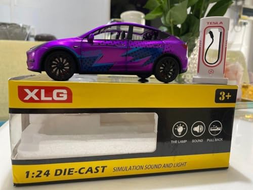Image of Play Boy 1:24 Tesla Model Y Model Diecast Metal Alloy Pullback Toy Vehicle with Openable Doors Light and Music Car for Kids (Multicolor)