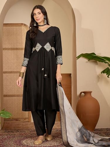 Image of EthnicJunction Women's Cotton Silk Embroidered Anarkali Kurta Palazzo with Digital Print Dupatta Set
