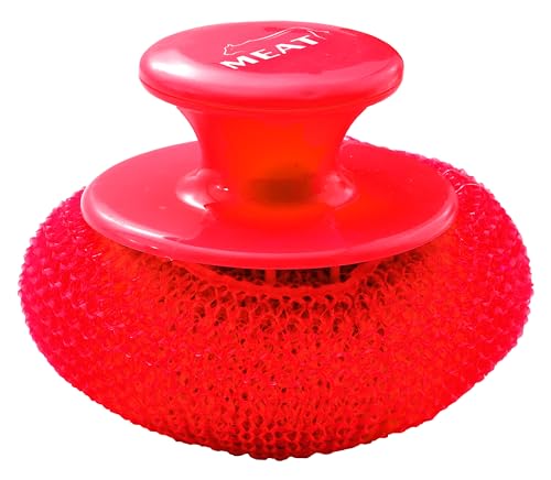 Image of The Kosher Cook Meat Red Scouring Pad with Comfortable Handle Ergonomic Easy Grip Dishwashing Cleaning Sponge Brush Color Coded Home and Kitchen Accessories
