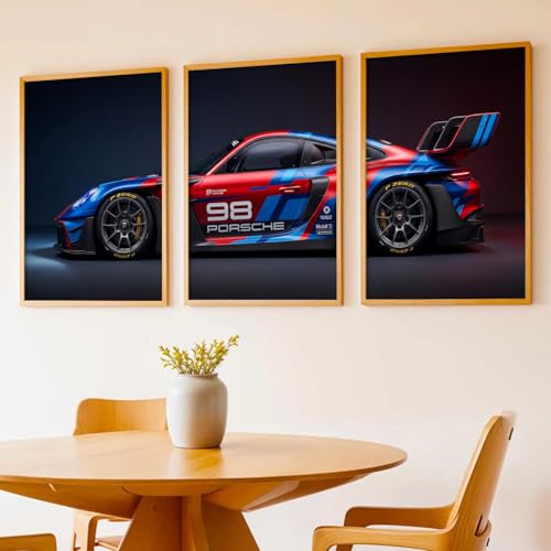 Image of HOMESY Sports Car Framed Posters Gift Items for Boys Room | Wall Decoration for Bedroom Living Room Office Gaming Room Decor | Sports GT3RS Car Poster with Frame for Wall Decor Set Of 3 Size (10x13 inch, BROWN)