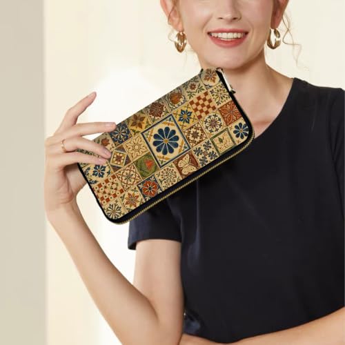 Image of Women's Wallets Credit Card Holder Money Leather Long Wallet | Long wallet with Wristlet,Large Capacity with Zip-Around Phone Purse for Women Ladies Girls,Floral Tile