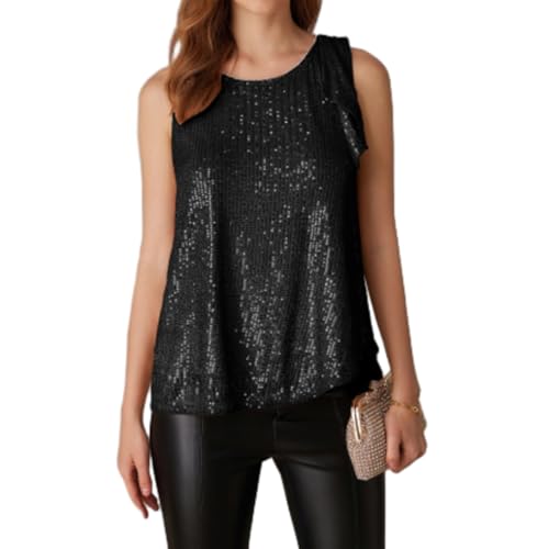 Damen Glitzer Oberteil Frauen Pailletten Tops Ärmellos Rundsusschbitt A-Linie Lange Shirts Bluse Tunika Schwarz XL