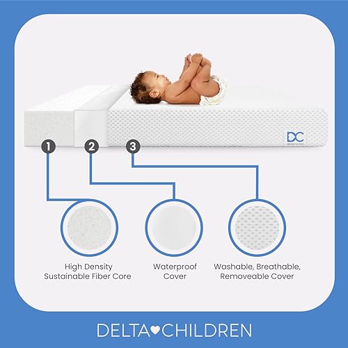 Image of Delta Children Twinkle Stars Crib and Toddler Mattress with Breathable, Removable Machine-Washable Cover - GREENGUARD Gold - Waterproof Baby Bed - Sustainably Sourced Fiber Core - 52 inchLx27.5 inchW, White