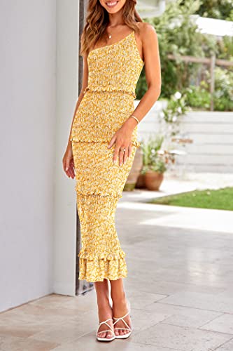 Image of PRETTYGARDEN Women's Summer Midi Bodycon Dresses One Shoulder Strappy Tiered Ruffle Floral Boho Sun Dress