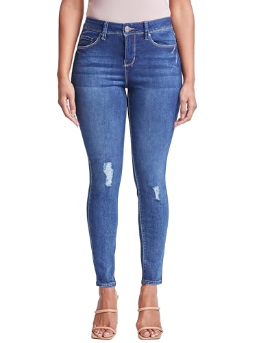 Image of Royalty For Me Women's Essential High Rise Skinny Jean, S1862 Midnight Sky Blue Rips, 14