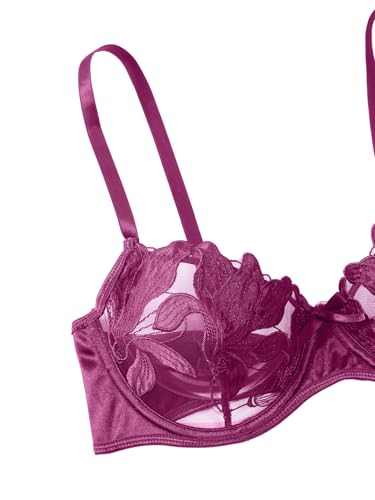 Image of Lilosy Sexy Leaf Floral Embroidered Mesh Sheer Women Underwire Push Up Lingerie Set