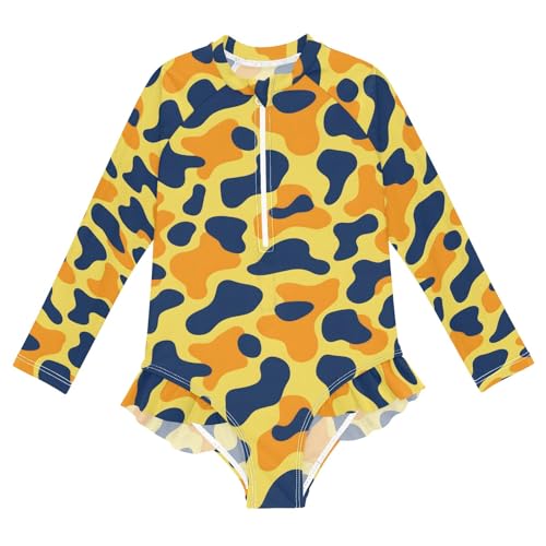 Orange Yellow Cow Girls Long Sleeve Swimsuit Rash Guard One Piece Bathing Suits Zipper 3-12T
