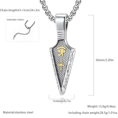 Eye of Horus Arrowhead Necklace Egyptian Protection Ankh Cross Amulet Pendant on 24+2″ Stainless Steel Adjustable Chain2