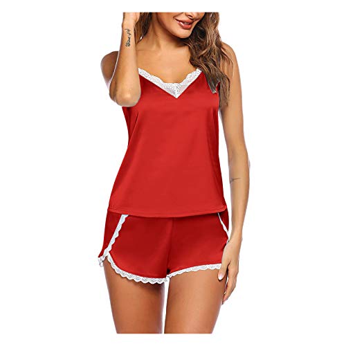 Vêtements de nuit sexy pour femme - Pour pyjamas sexuels - Bracelet de nuit - Dentelle et satin sans manches - Ensemble pyjama pour femme - Robe de Saint-Valentin, rouge-b, S Cover