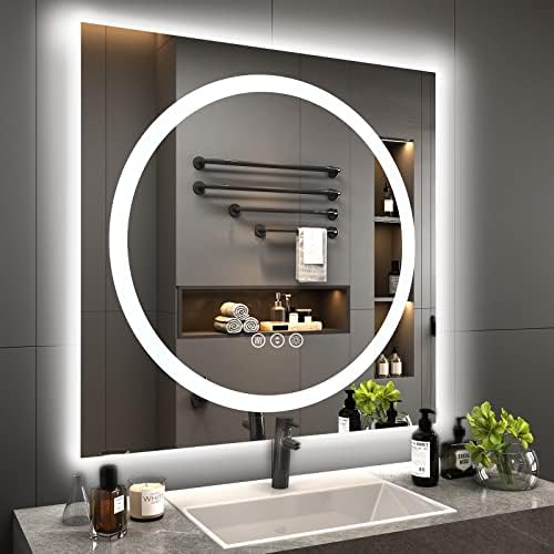 VANLIO LED Bathroom Mirror 28x28 with Anti-Fog, Square Lighted Vanity Wall Mirror, Dimmable, Shatterproof, Memory(Front Lights and Backlit)